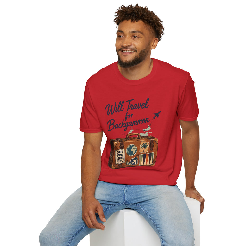 Backgammon Travel T-Shirt — "Will Travel for Backgammon" Vintage Suitcase Design