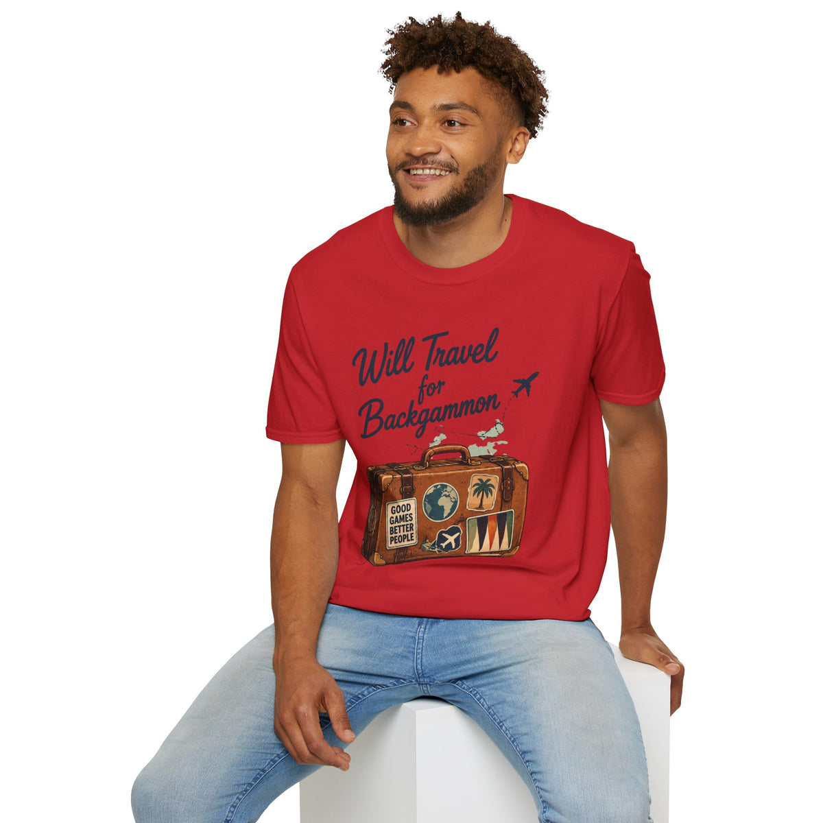 Backgammon Travel T-Shirt — "Will Travel for Backgammon" Vintage Suitcase Design