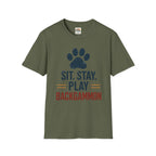 Backgammon T-Shirt — "Sit. Stay. Play Backgammon" Paw Print Tee