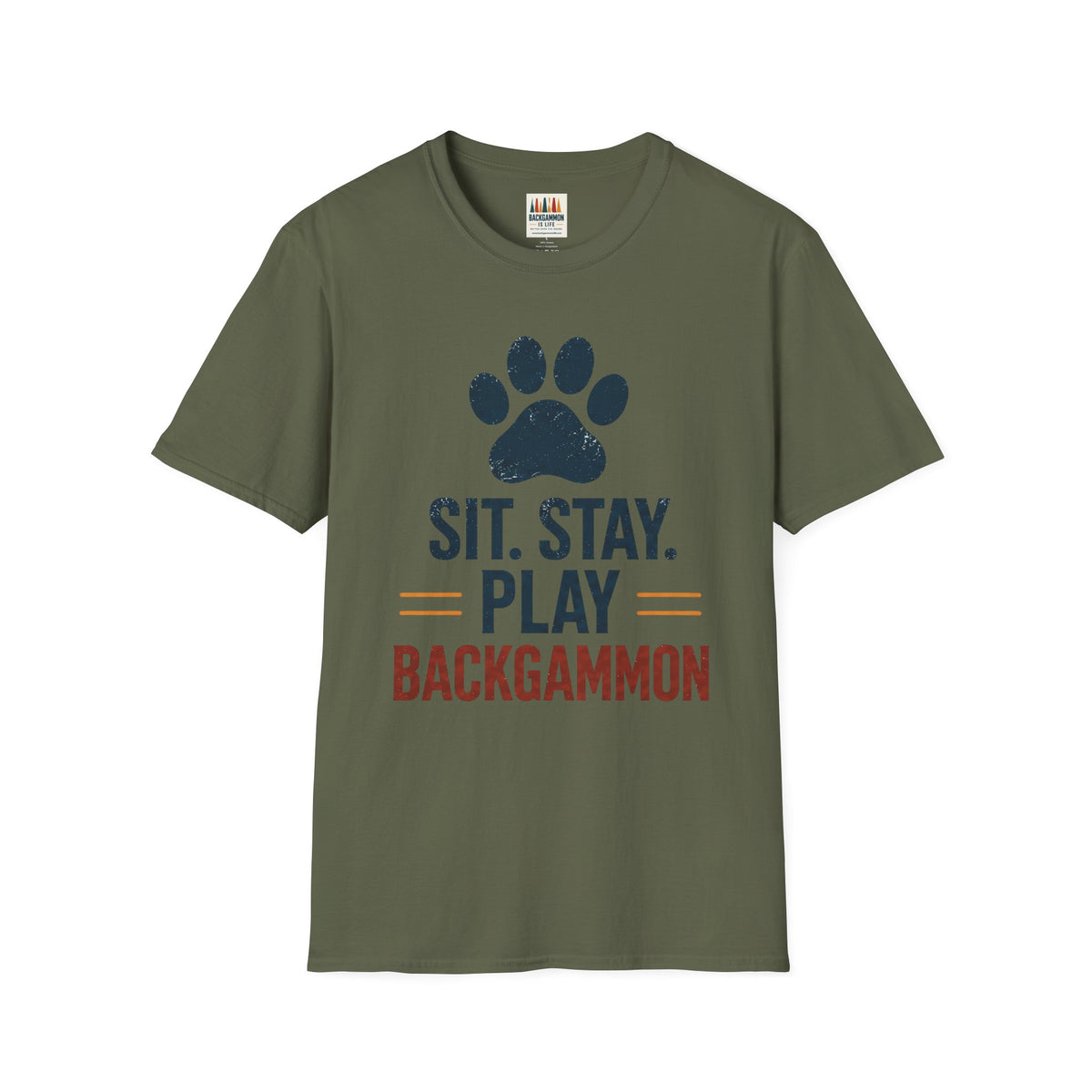 Backgammon T-Shirt — "Sit. Stay. Play Backgammon" Paw Print Tee