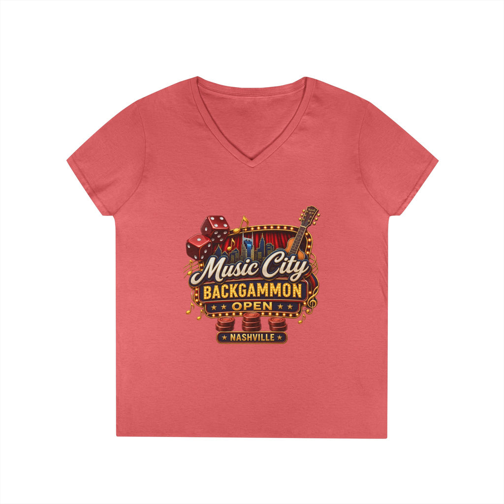 Music City Backgammon Open Ladies' V-Neck T-Shirt — Nashville Guitar & Dice Tournament Tee