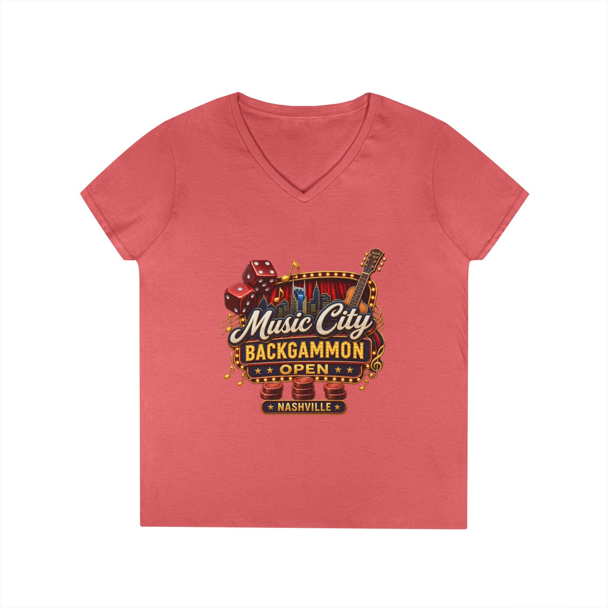 Music City Backgammon Open Ladies' V-Neck T-Shirt — Nashville Guitar & Dice Tournament Tee
