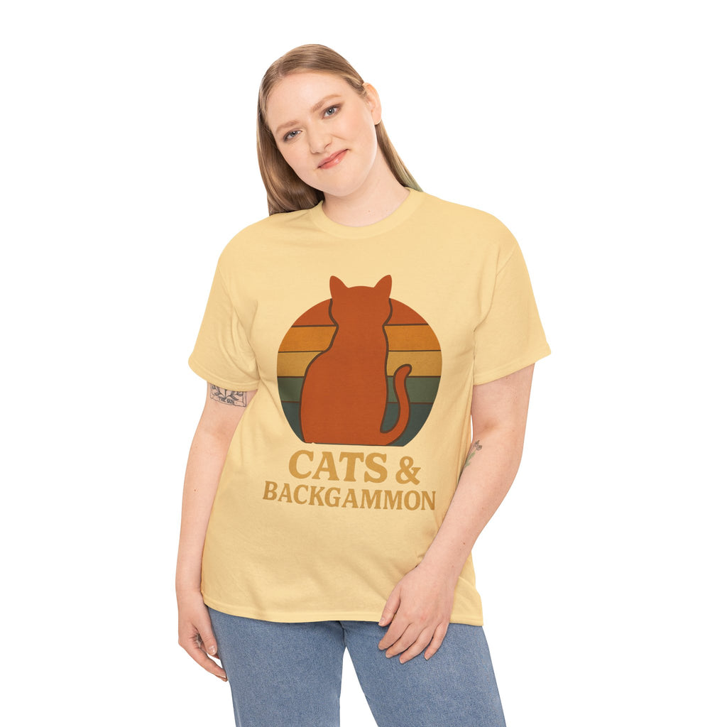Retro Cat Silhouette Cats & Backgammon T-Shirt | Vintage Sunset Cat Tee