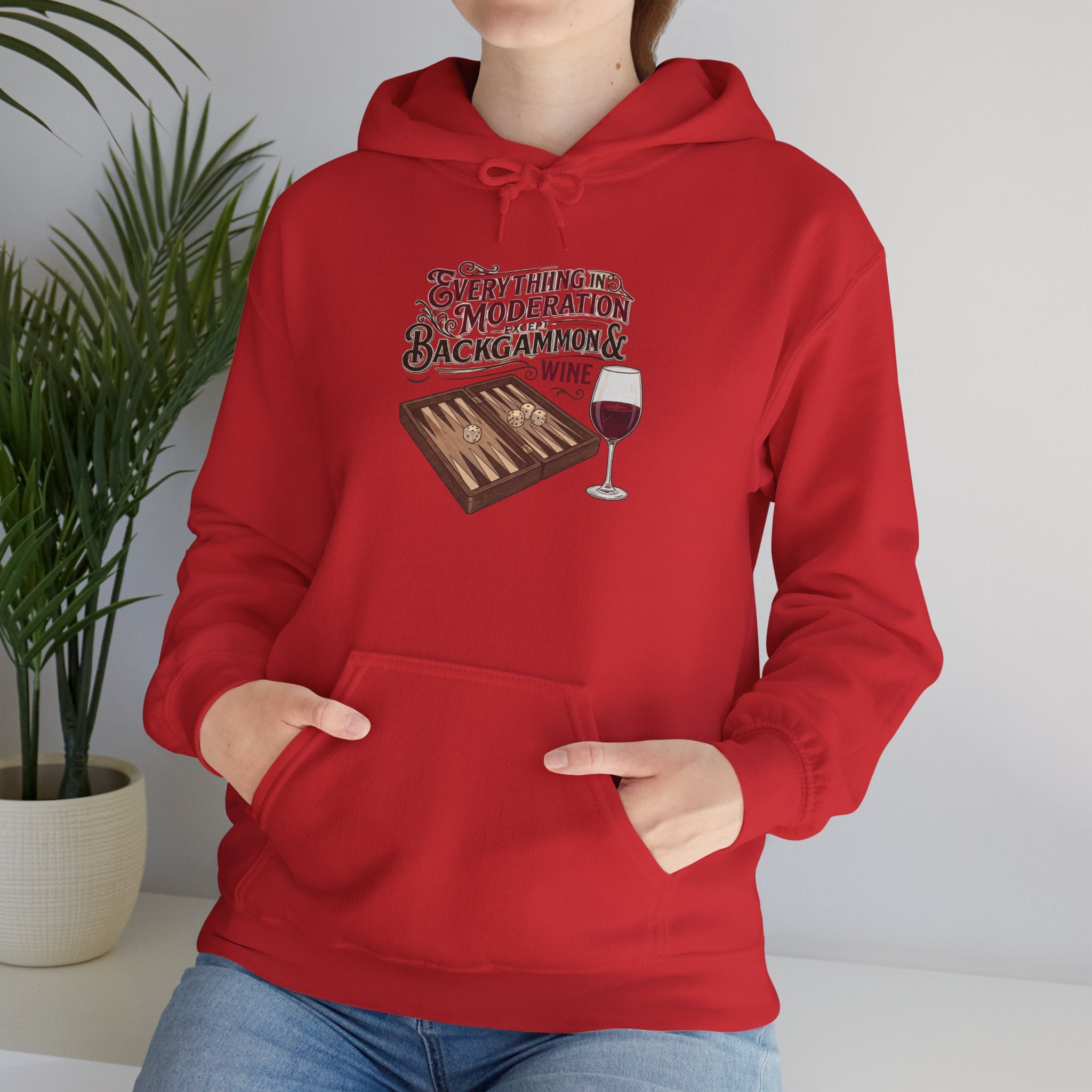 Everything In Moderation Except Backgammon And Wine Unisex Heavy Blend™ Hooded Sweatshirt – Casual Game Night Sweatshirt