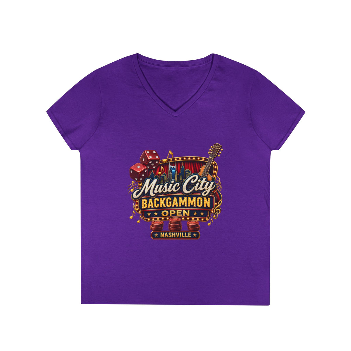Music City Backgammon Open Ladies' V-Neck T-Shirt — Nashville Guitar & Dice Tournament Tee
