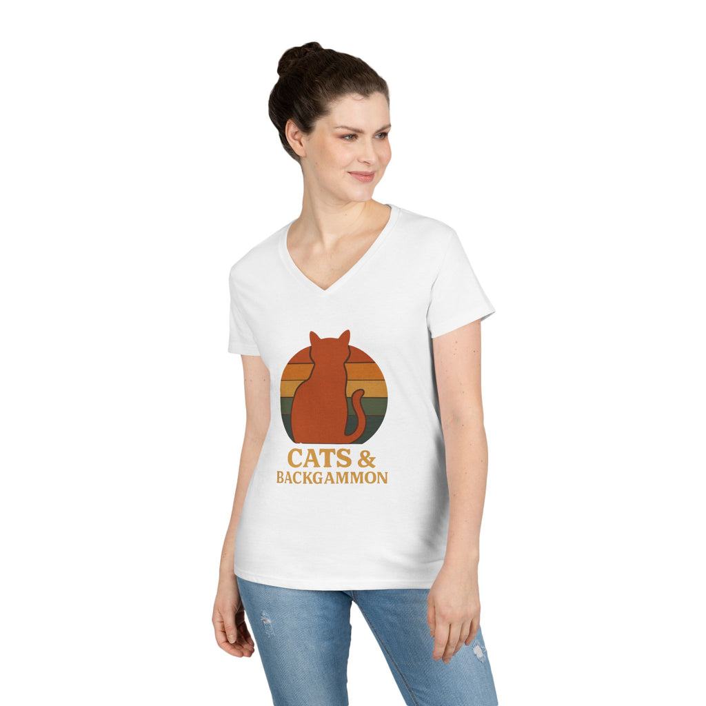 Cats & Backgammon ladies V-Neck Tee — Retro Cat Graphic Shirt for Players & Cat Lovers
