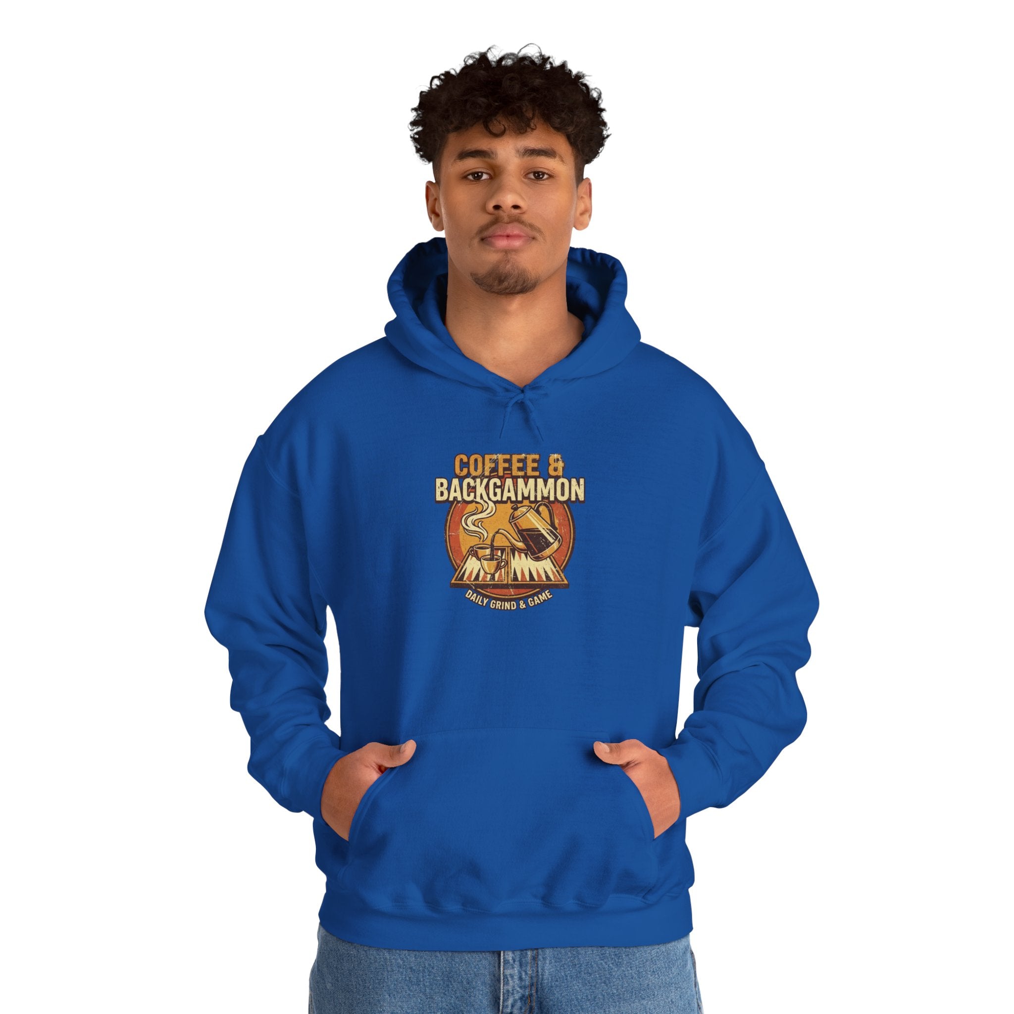 Coffee & Backgammon Unisex Heavy Blend™ Hooded Sweatshirt — Retro Coffee Lovers Game Night Sweatshirt