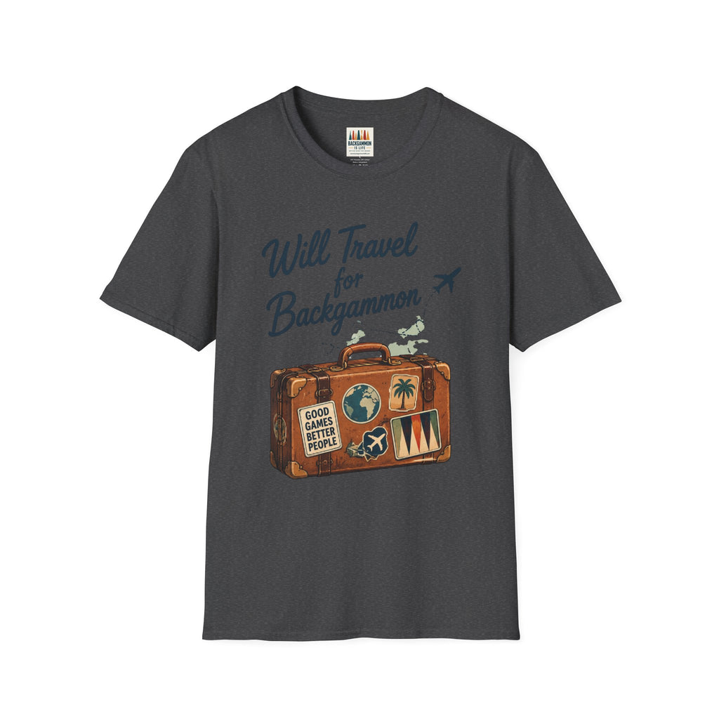 Backgammon Travel T-Shirt — "Will Travel for Backgammon" Vintage Suitcase Design