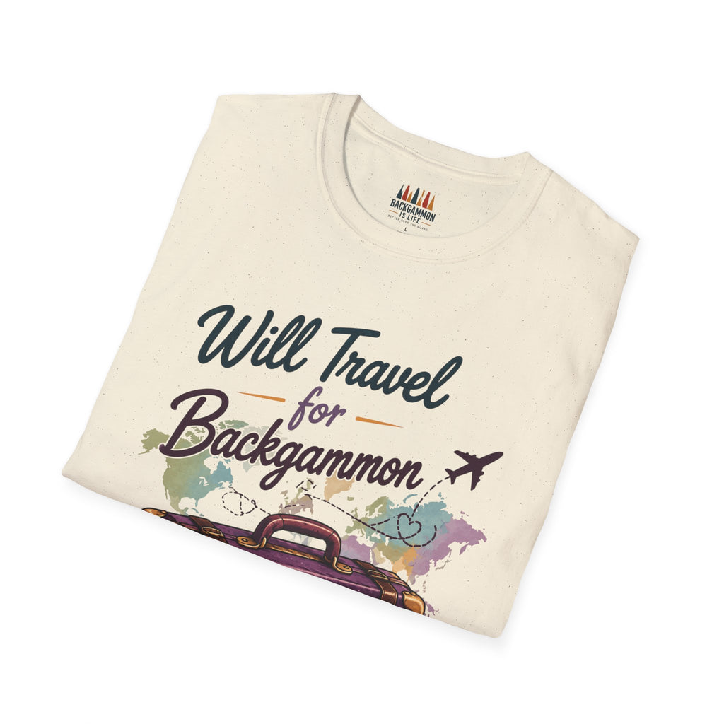 Backgammon Travel T-Shirt — "Will Travel for Backgammon" Vintage Suitcase Design