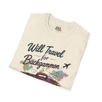 Backgammon Travel T-Shirt — "Will Travel for Backgammon" Vintage Suitcase Design