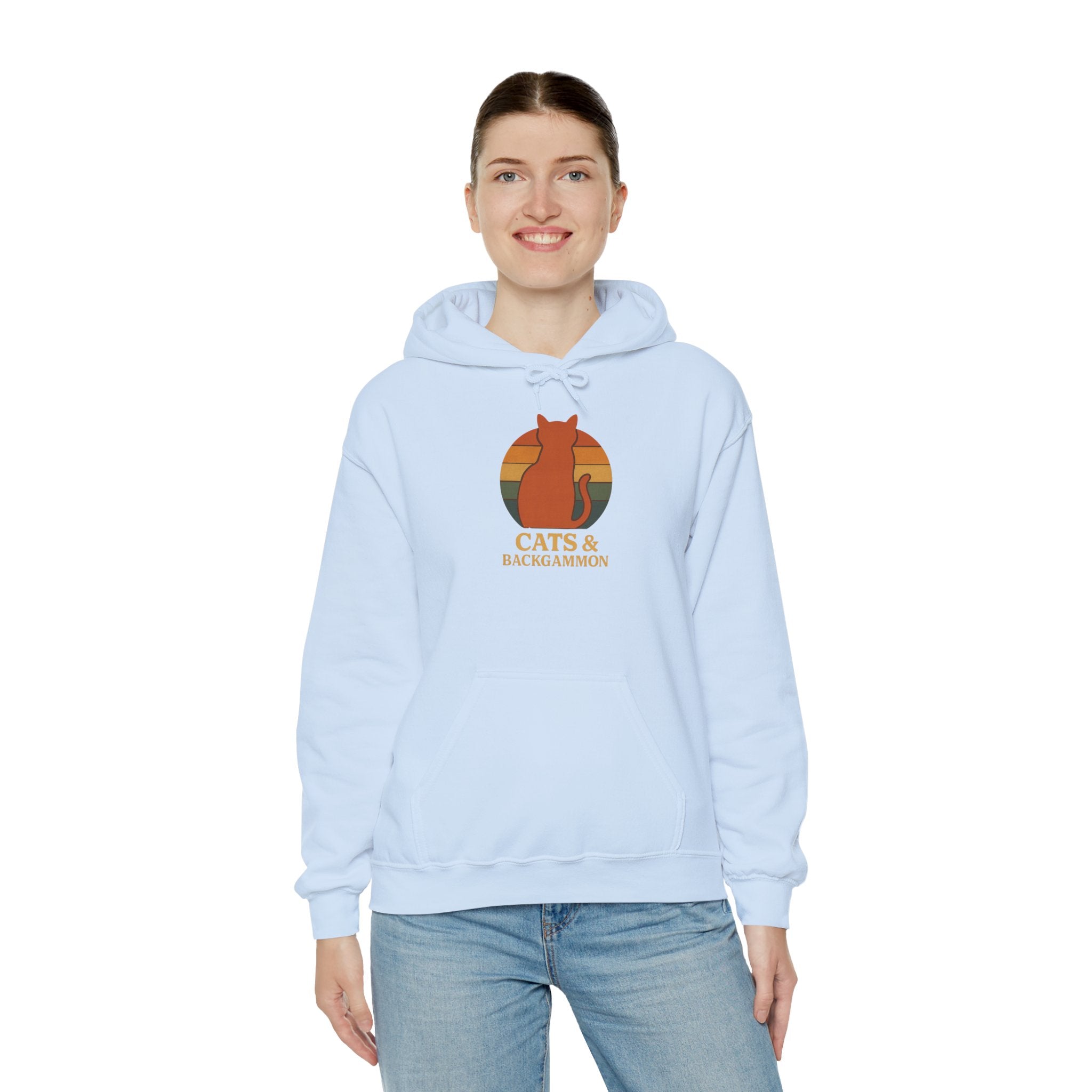 Cats & Backgammon Hoodie — Retro Sunset Cat Game Lover Pullover