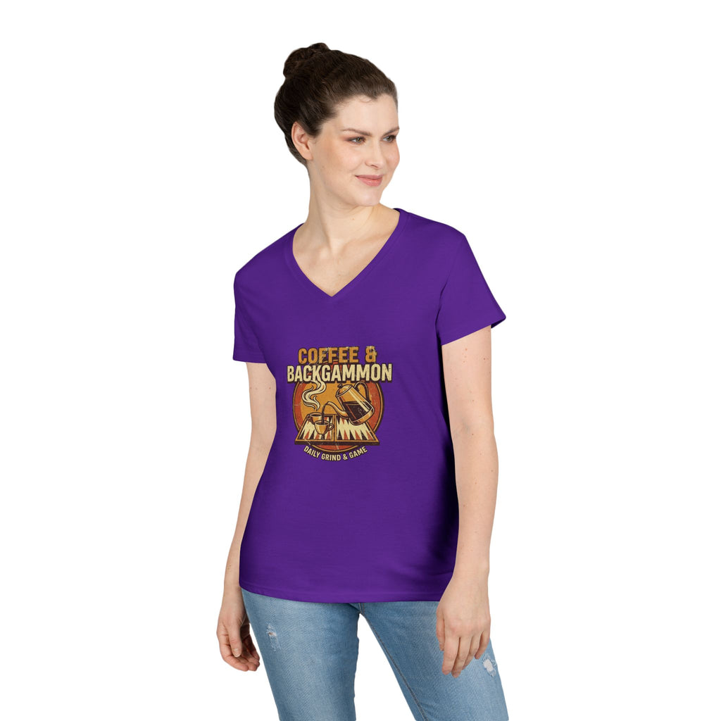 Coffee & Backgammon Ladies' V-Neck T-Shirt — Women's Casual Game Night Shirt