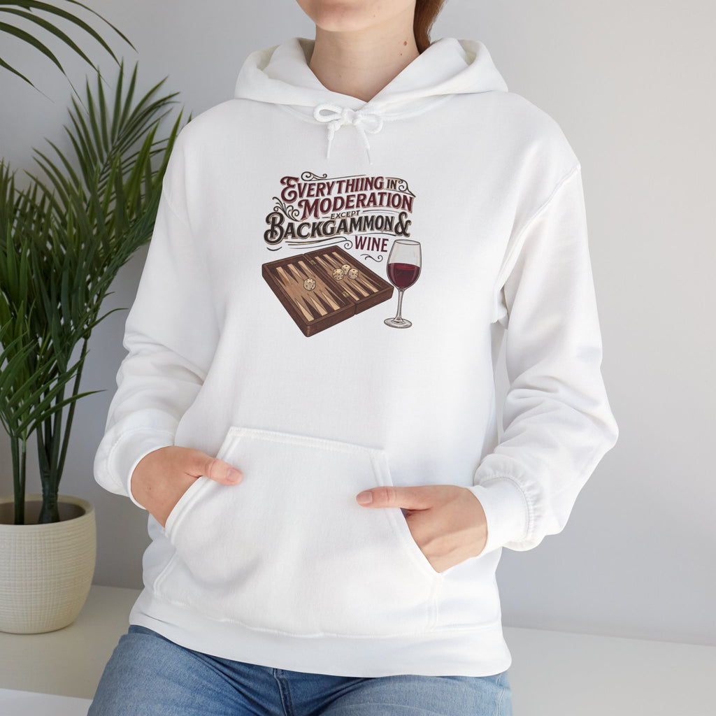 Everything In Moderation Except Backgammon And Wine Unisex Heavy Blend™ Hooded Sweatshirt – Casual Game Night Sweatshirt