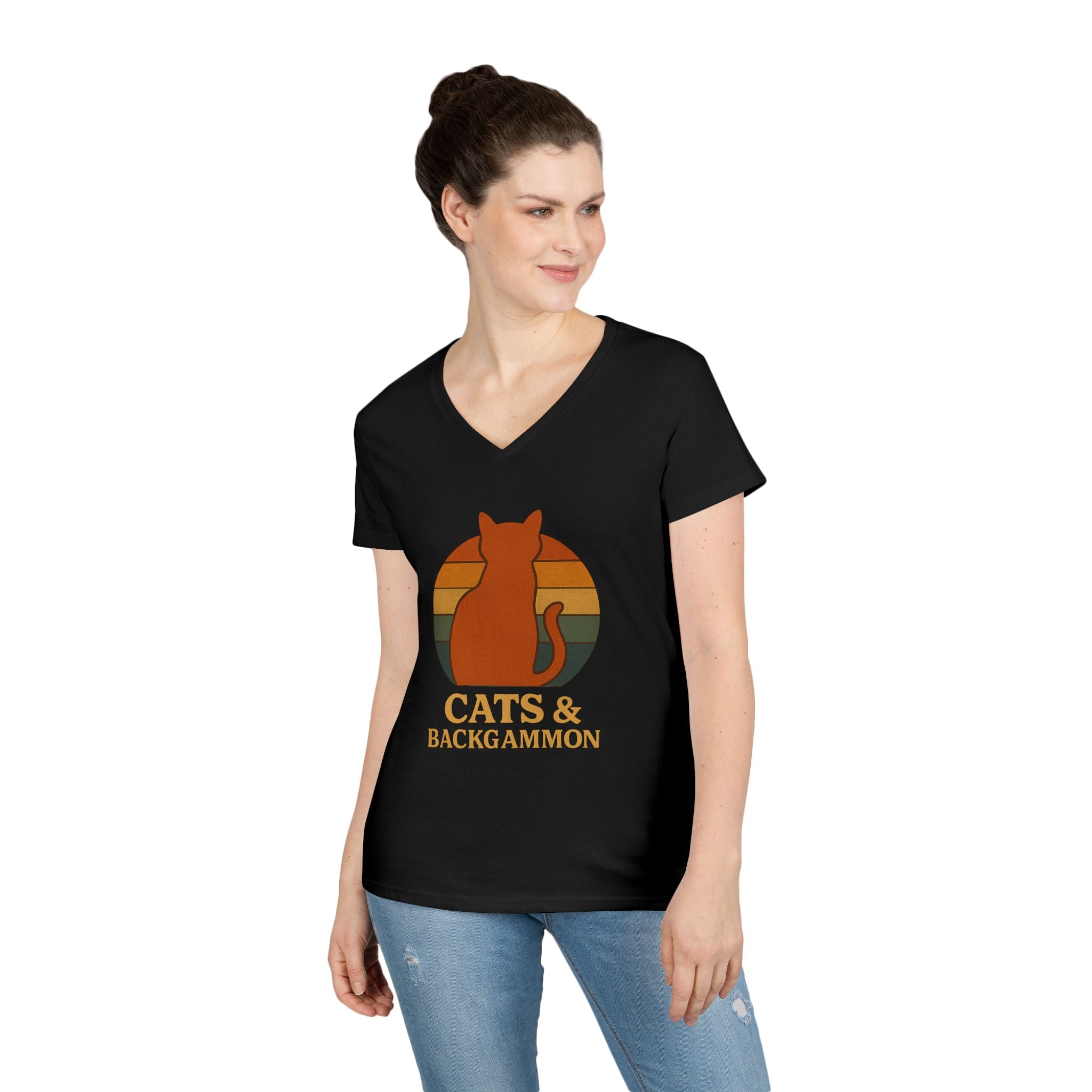 Cats & Backgammon ladies V-Neck Tee — Retro Cat Graphic Shirt for Players & Cat Lovers