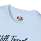 Backgammon Travel T-Shirt — "Will Travel for Backgammon" Vintage Suitcase Design