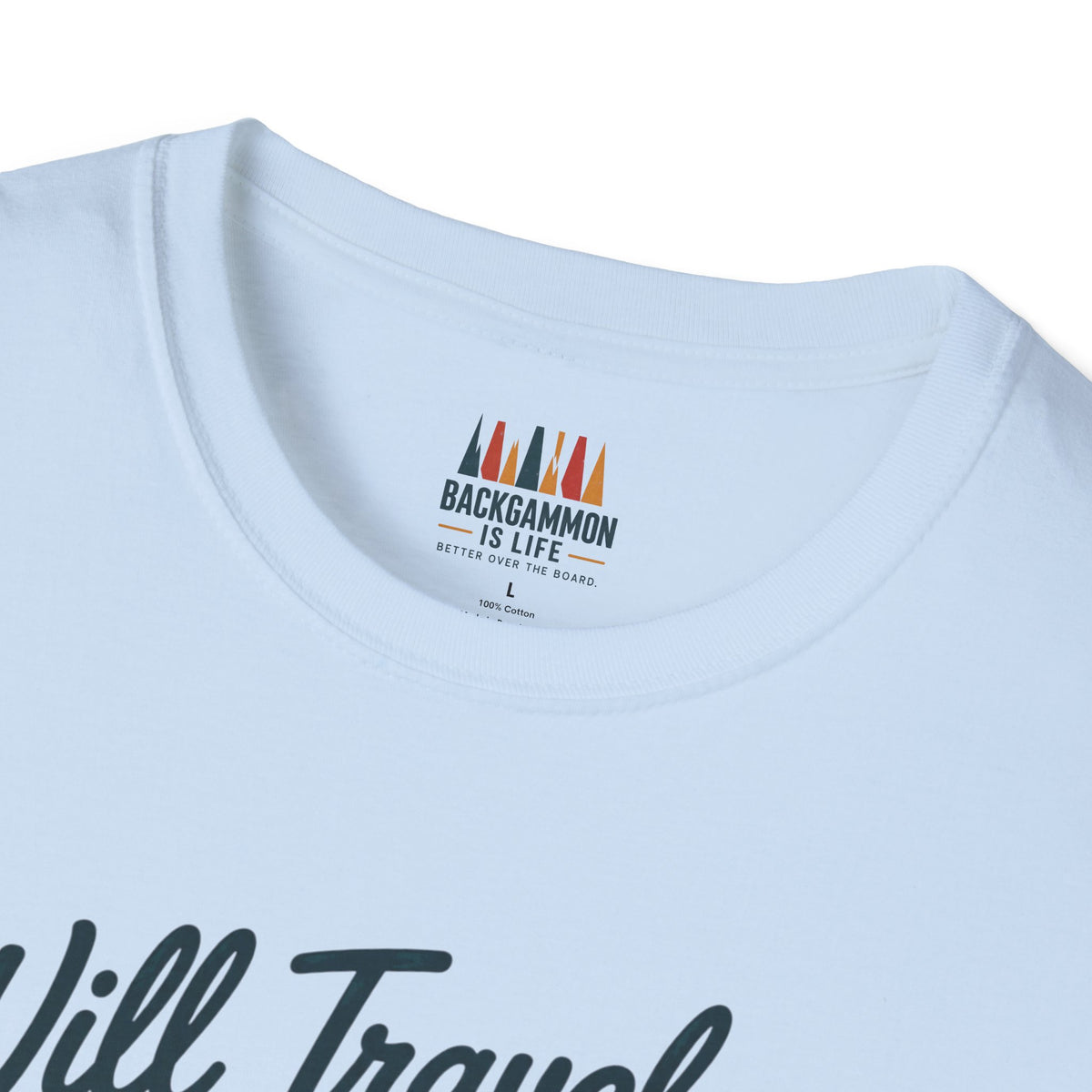 Backgammon Travel T-Shirt — "Will Travel for Backgammon" Vintage Suitcase Design
