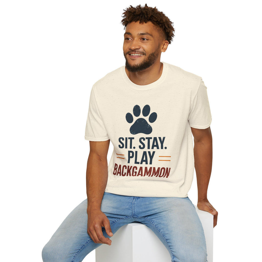 Backgammon T-Shirt — "Sit. Stay. Play Backgammon" Paw Print Tee