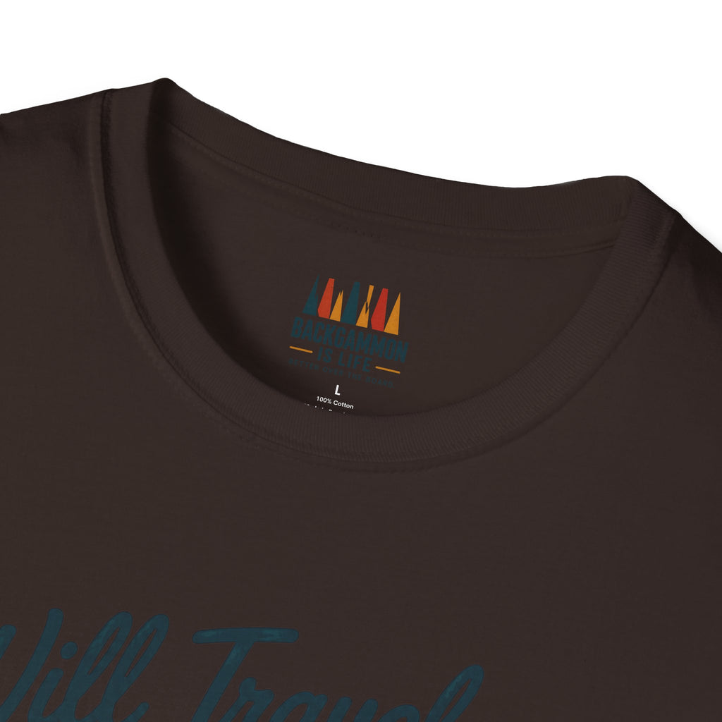 Backgammon Travel T-Shirt — "Will Travel for Backgammon" Vintage Suitcase Design