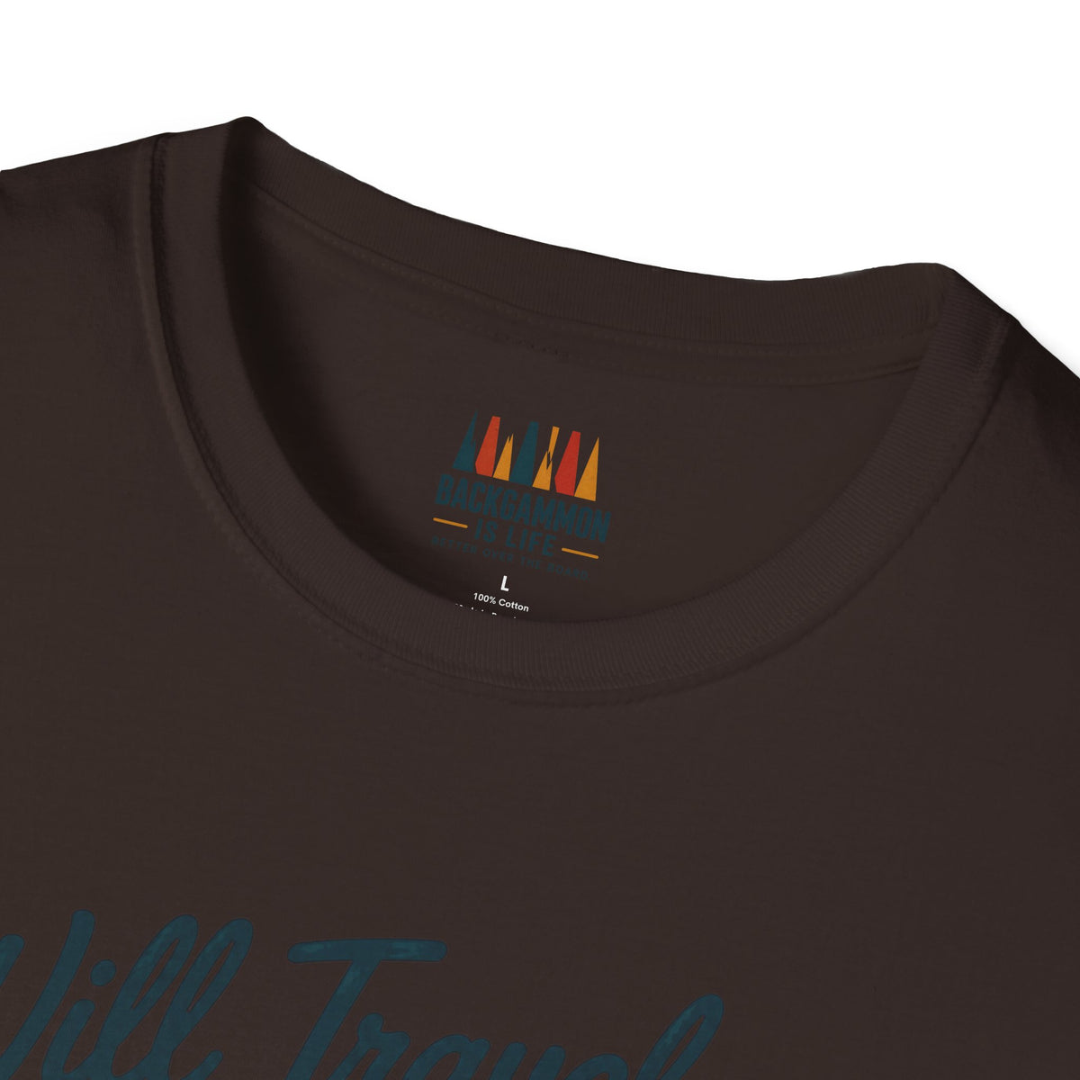Backgammon Travel T-Shirt — "Will Travel for Backgammon" Vintage Suitcase Design