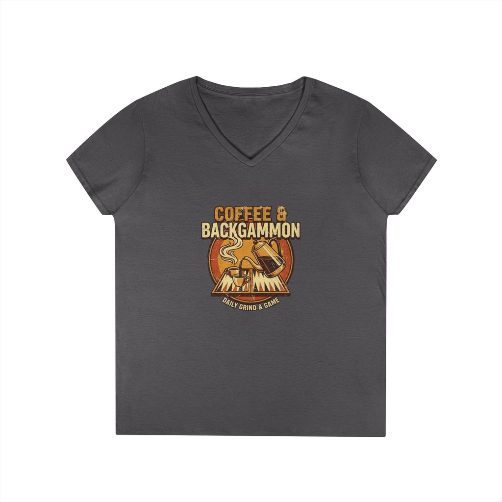 Coffee & Backgammon Ladies' V-Neck T-Shirt — Women's Casual Game Night Shirt