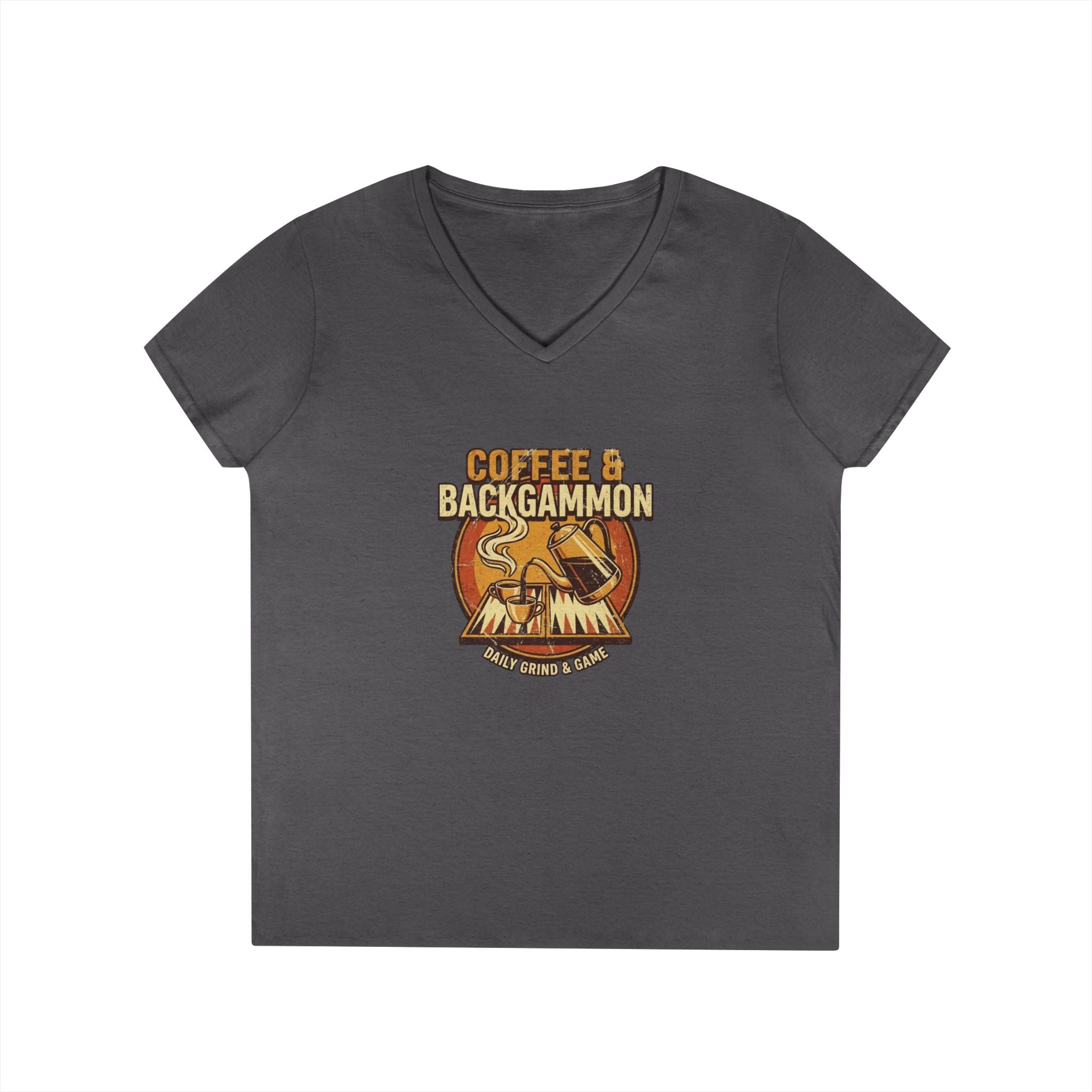 Coffee & Backgammon Ladies' V-Neck T-Shirt — Women's Casual Game Night Shirt