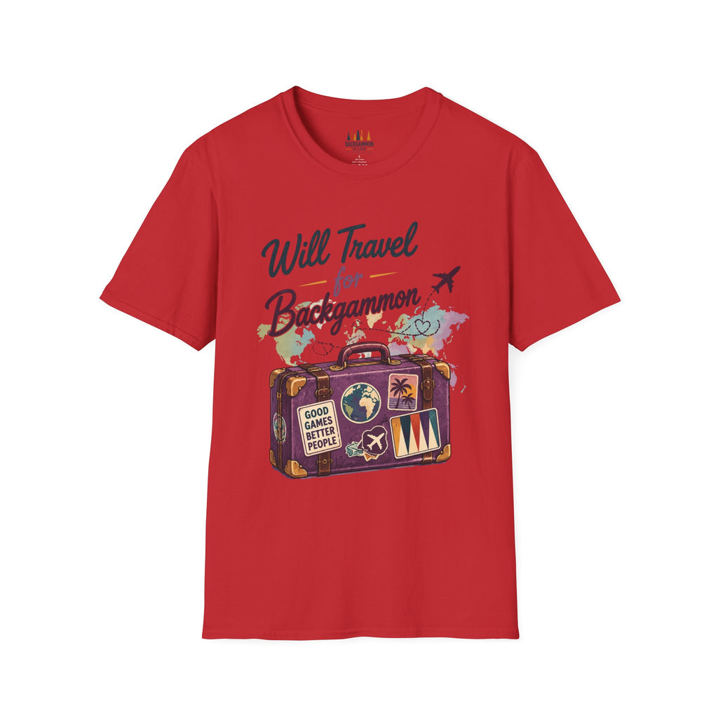 Backgammon Travel T-Shirt — "Will Travel for Backgammon" Vintage Suitcase Design