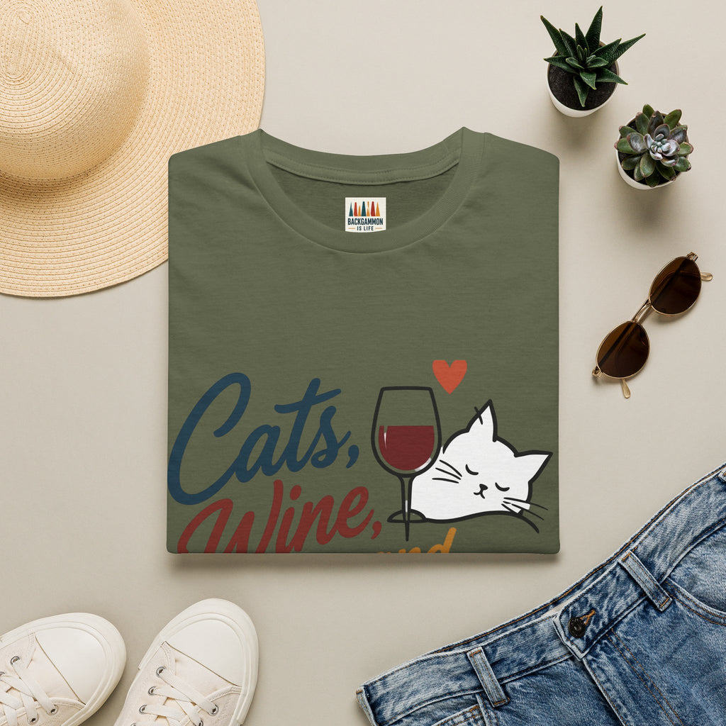 Cats, Wine & Backgammon T-Shirt — Funny Cat Lover Graphic Tee