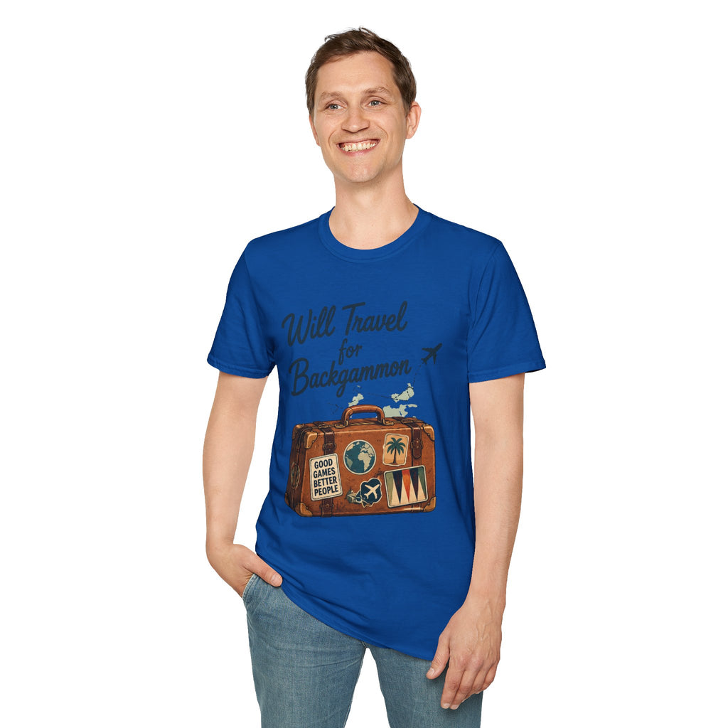 Backgammon Travel T-Shirt — "Will Travel for Backgammon" Vintage Suitcase Design