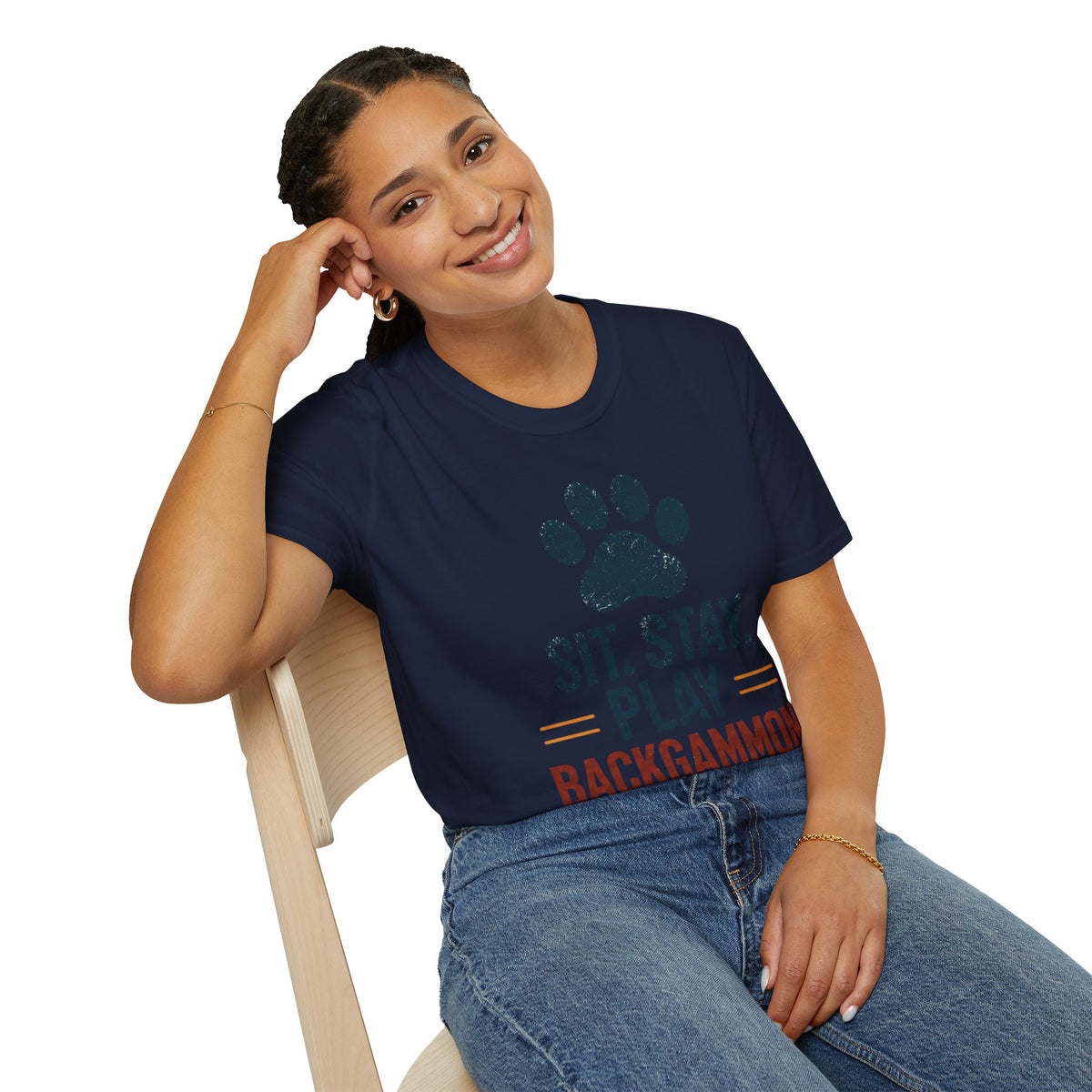 Backgammon T-Shirt — "Sit. Stay. Play Backgammon" Paw Print Tee