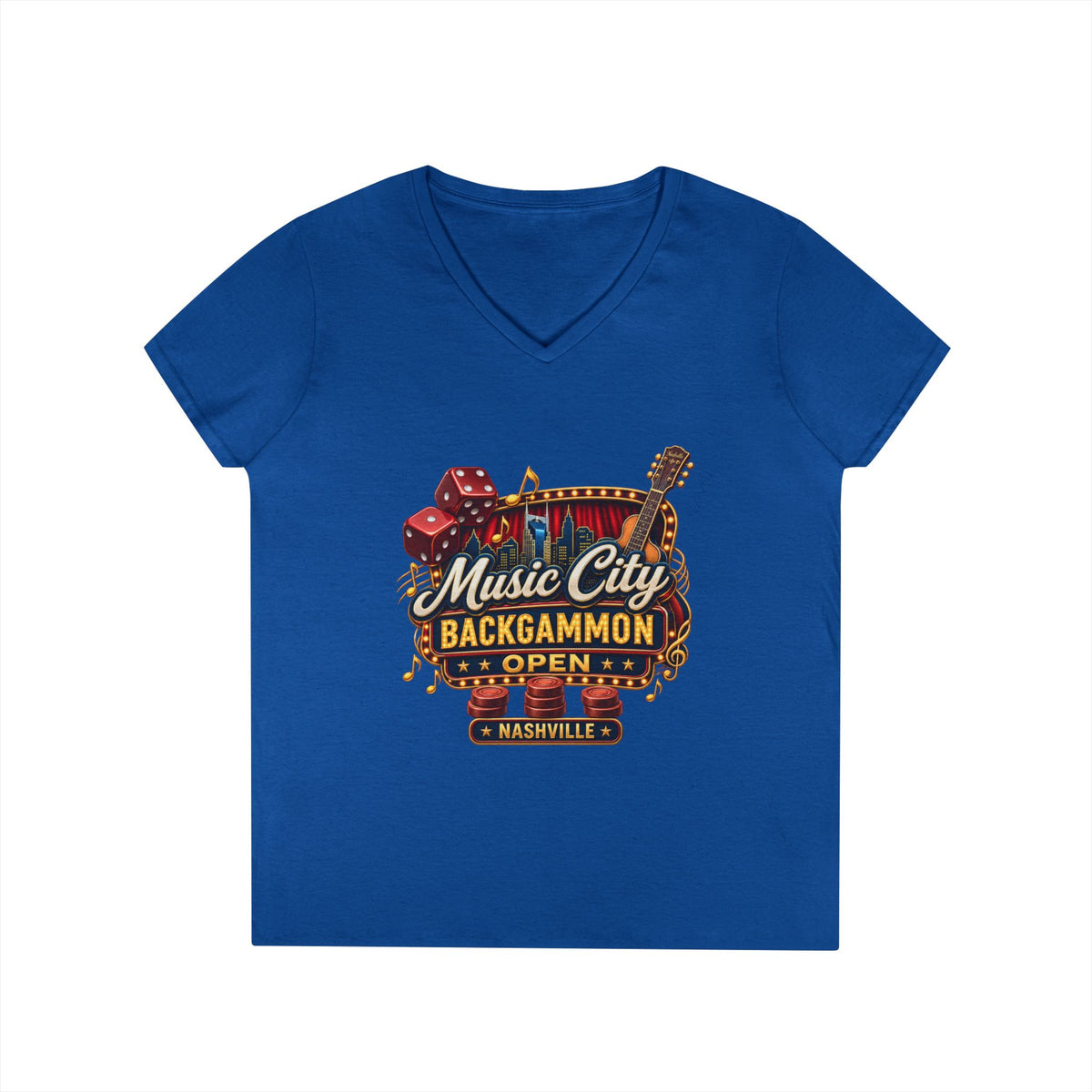 Music City Backgammon Open Ladies' V-Neck T-Shirt — Nashville Guitar & Dice Tournament Tee