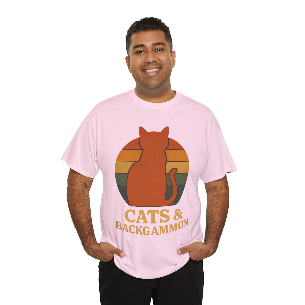 Retro Cat Silhouette Cats & Backgammon T-Shirt | Vintage Sunset Cat Tee
