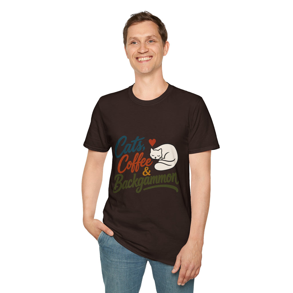 Cats, Coffee & Backgammon 2 T-Shirt — Retro Cat Lover Tee