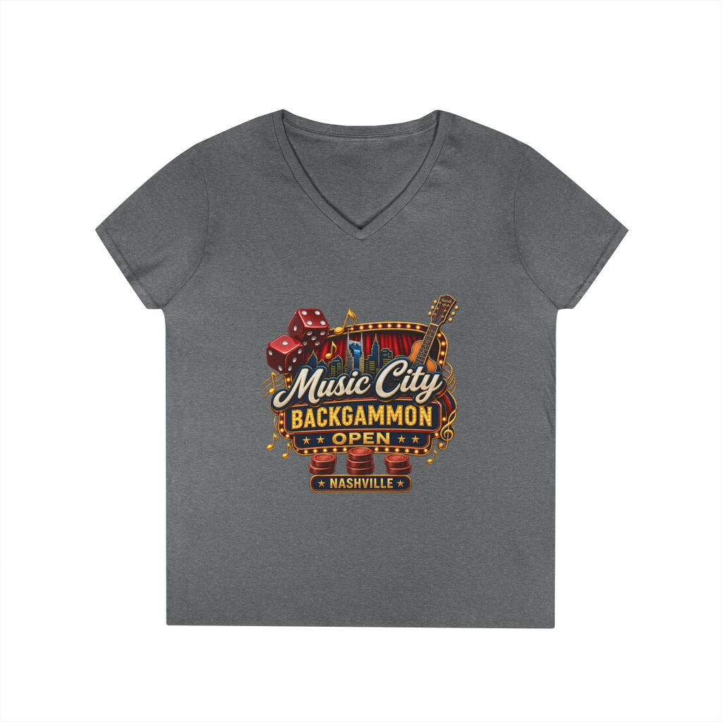 Music City Backgammon Open Ladies' V-Neck T-Shirt — Nashville Guitar & Dice Tournament Tee