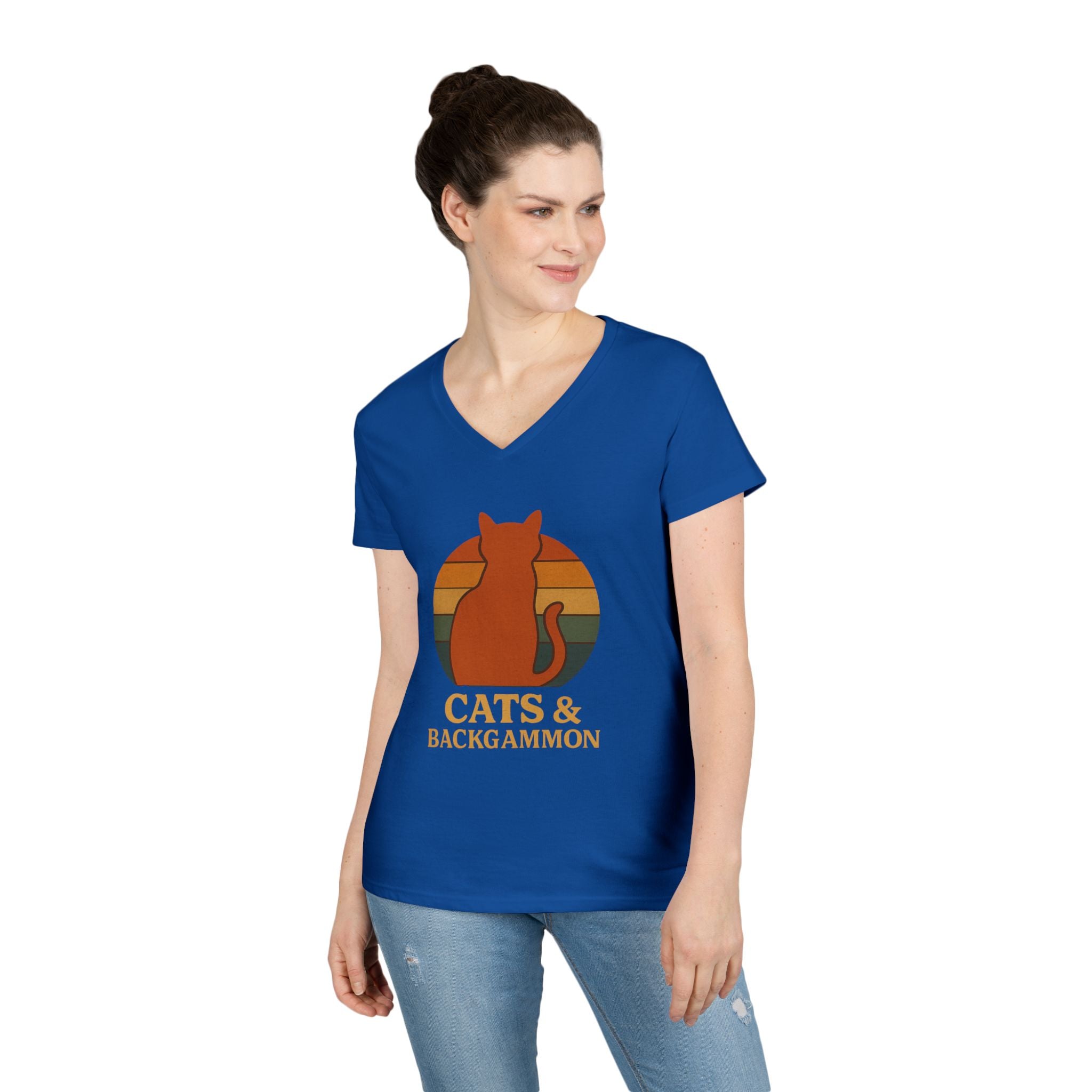 Cats & Backgammon ladies V-Neck Tee — Retro Cat Graphic Shirt for Players & Cat Lovers