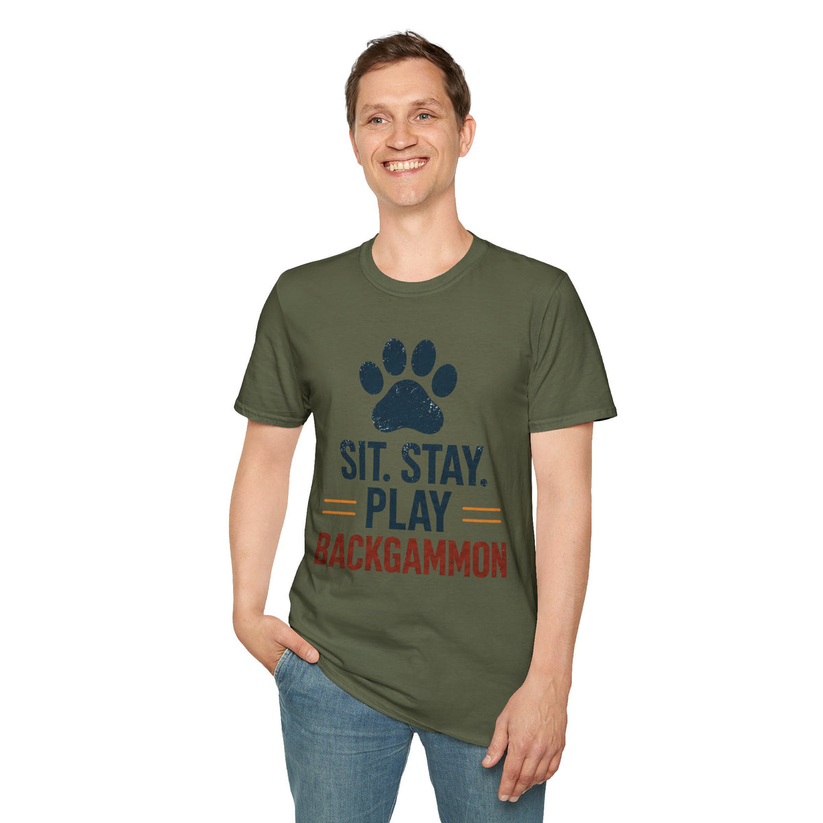 Backgammon T-Shirt — "Sit. Stay. Play Backgammon" Paw Print Tee