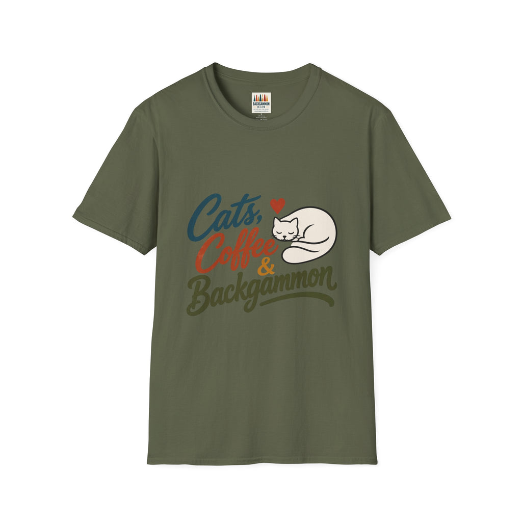Cats, Coffee & Backgammon 2 T-Shirt — Retro Cat Lover Tee