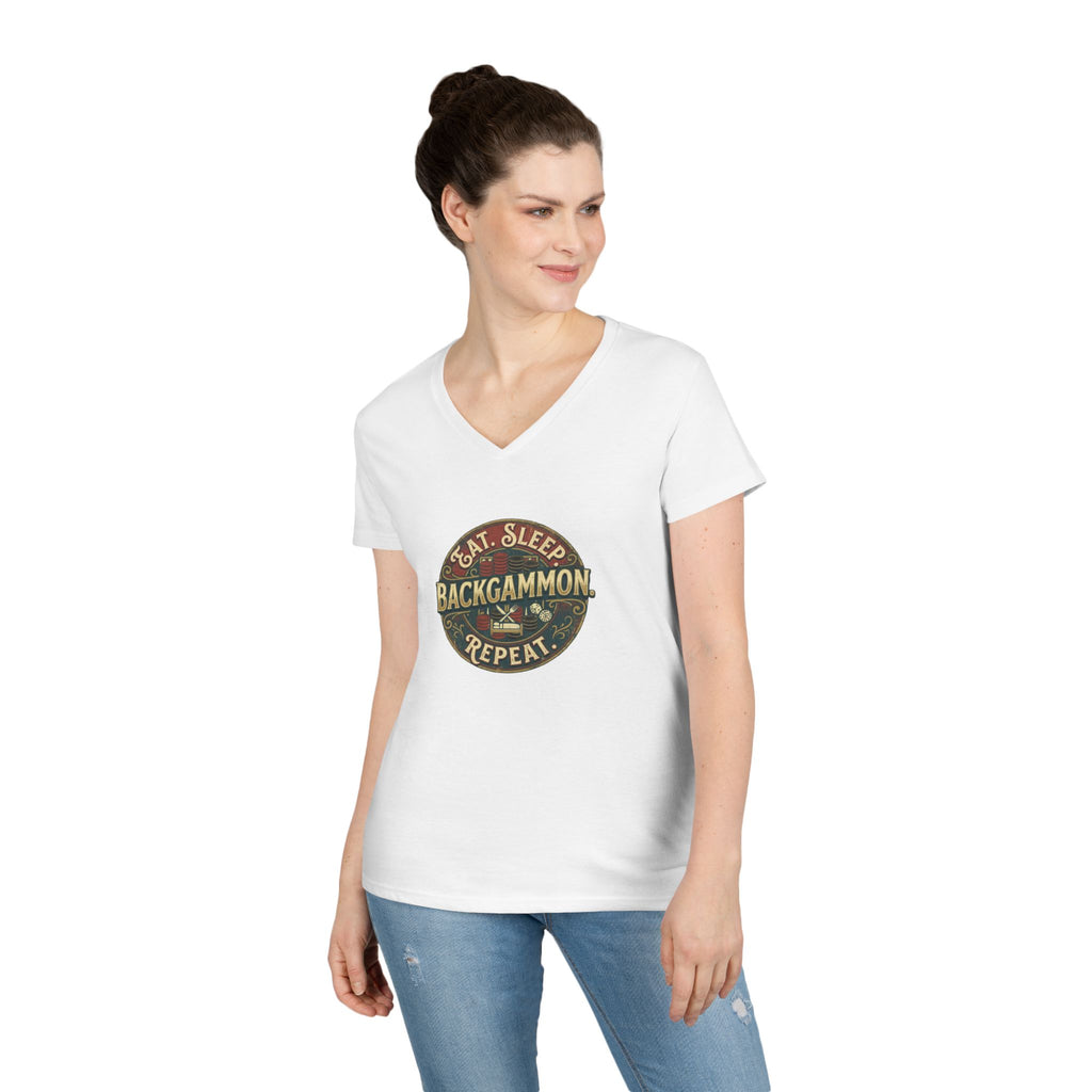 Eat. Sleep. Backgammon. Repeat. Ladies' V-Neck T-Shirt