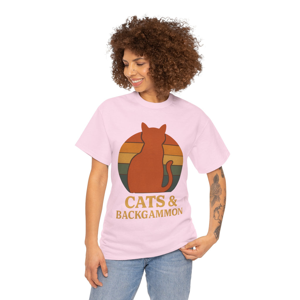 Retro Cat Silhouette Cats & Backgammon T-Shirt | Vintage Sunset Cat Tee