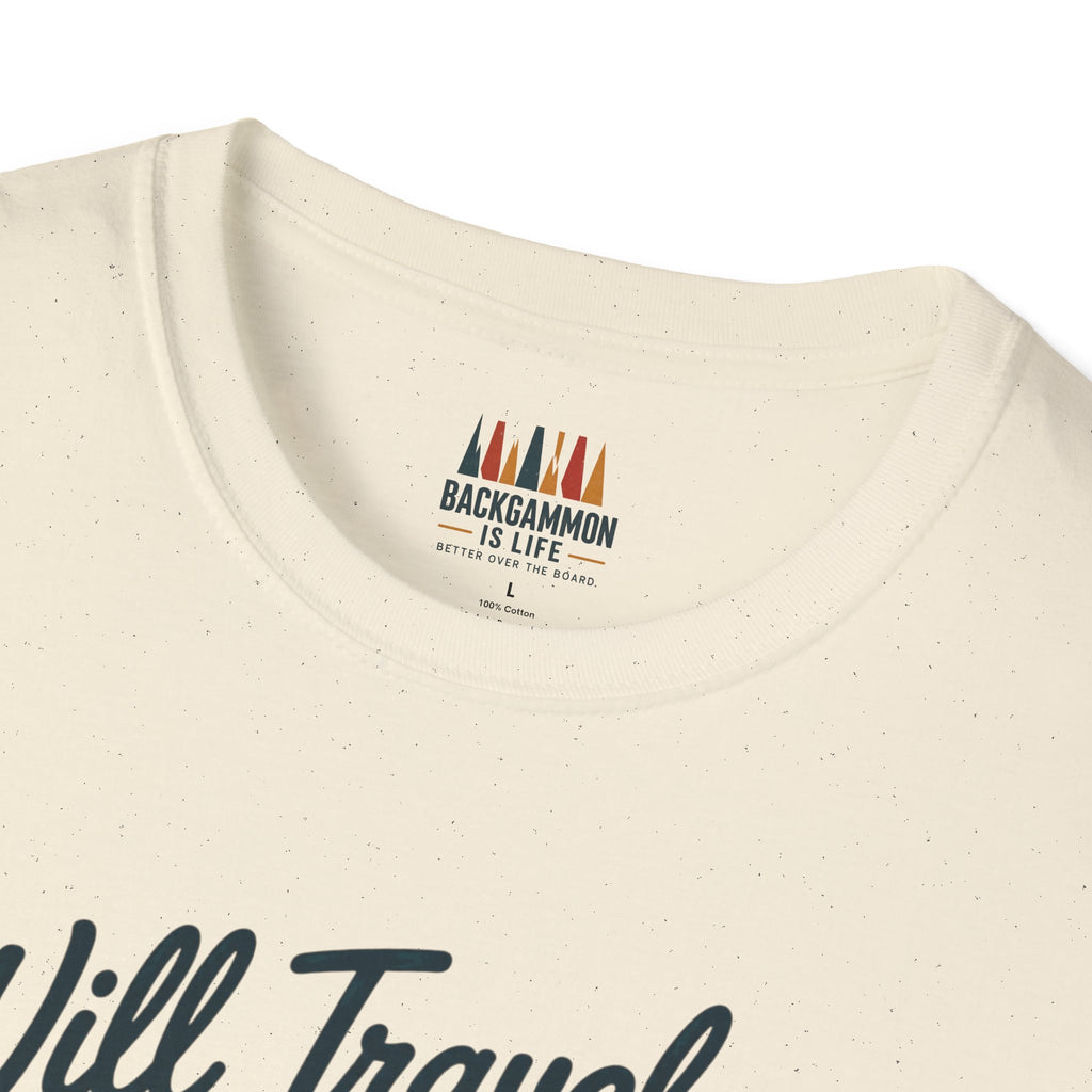 Backgammon Travel T-Shirt — "Will Travel for Backgammon" Vintage Suitcase Design