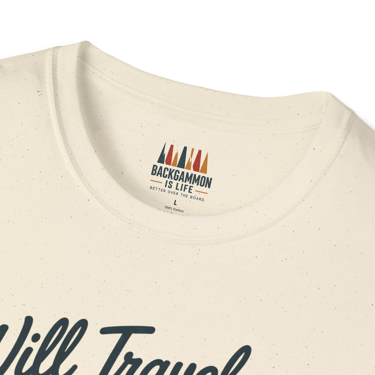 Backgammon Travel T-Shirt — "Will Travel for Backgammon" Vintage Suitcase Design
