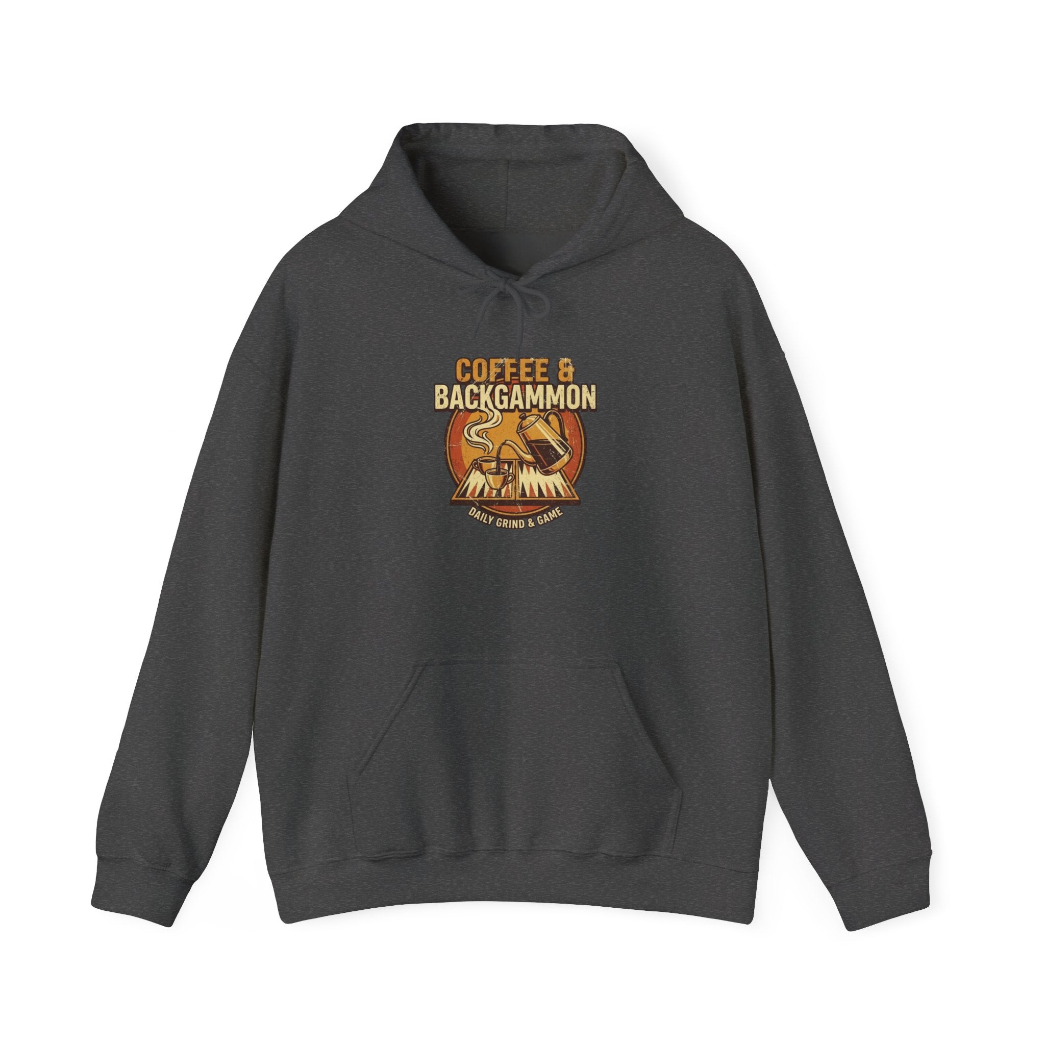 Coffee & Backgammon Unisex Heavy Blend™ Hooded Sweatshirt — Retro Coffee Lovers Game Night Sweatshirt