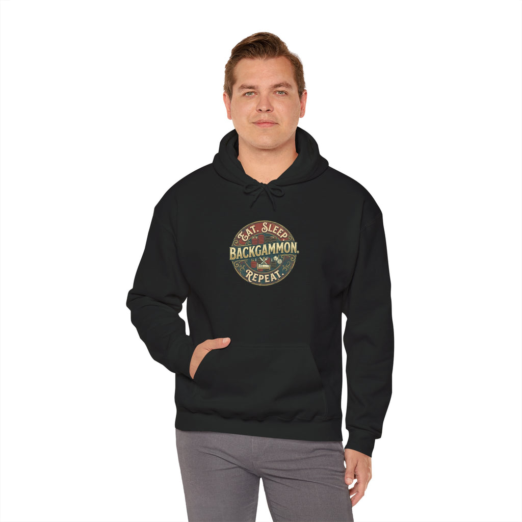 Eat. Sleep. Backgammon. Repeat. Unisex Heavy Blend™ Hooded Sweatshirt - Vintage Game Night Sweatshirt