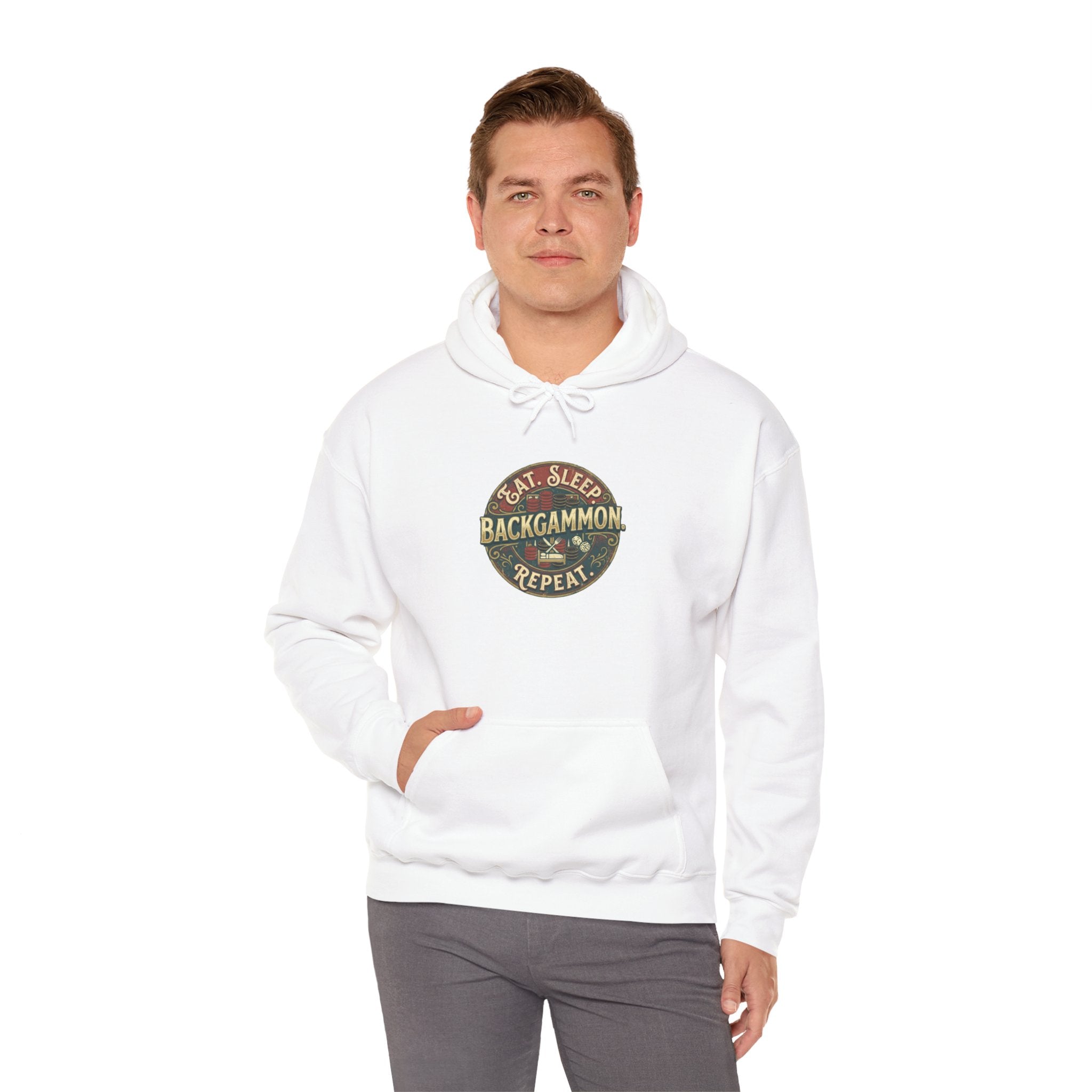 Eat. Sleep. Backgammon. Repeat. Unisex Heavy Blend™ Hooded Sweatshirt - Vintage Game Night Sweatshirt