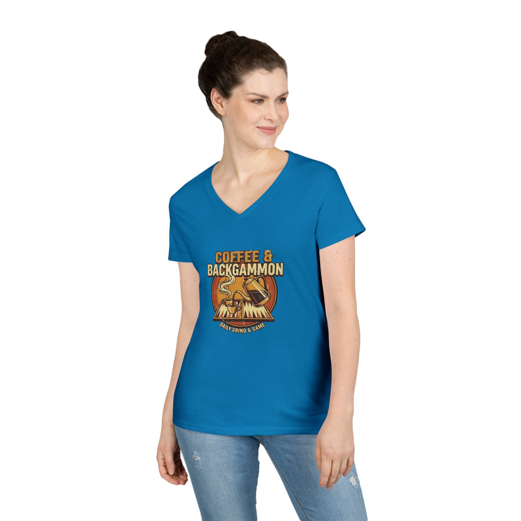 Coffee & Backgammon Ladies' V-Neck T-Shirt — Women's Casual Game Night Shirt