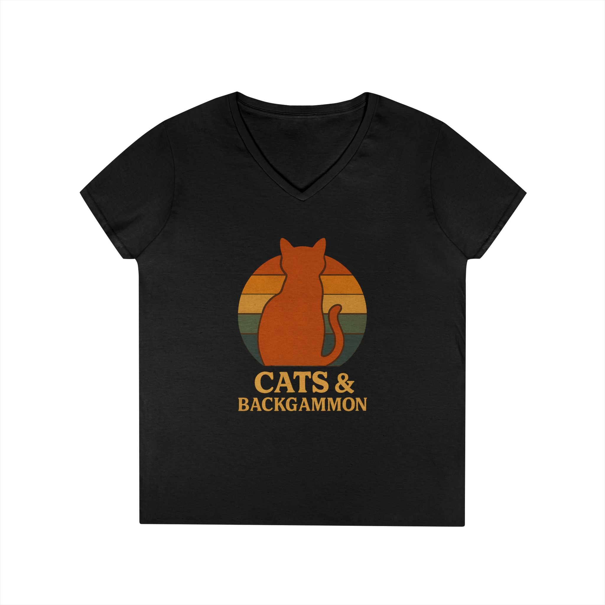 Cats & Backgammon ladies V-Neck Tee — Retro Cat Graphic Shirt for Players & Cat Lovers