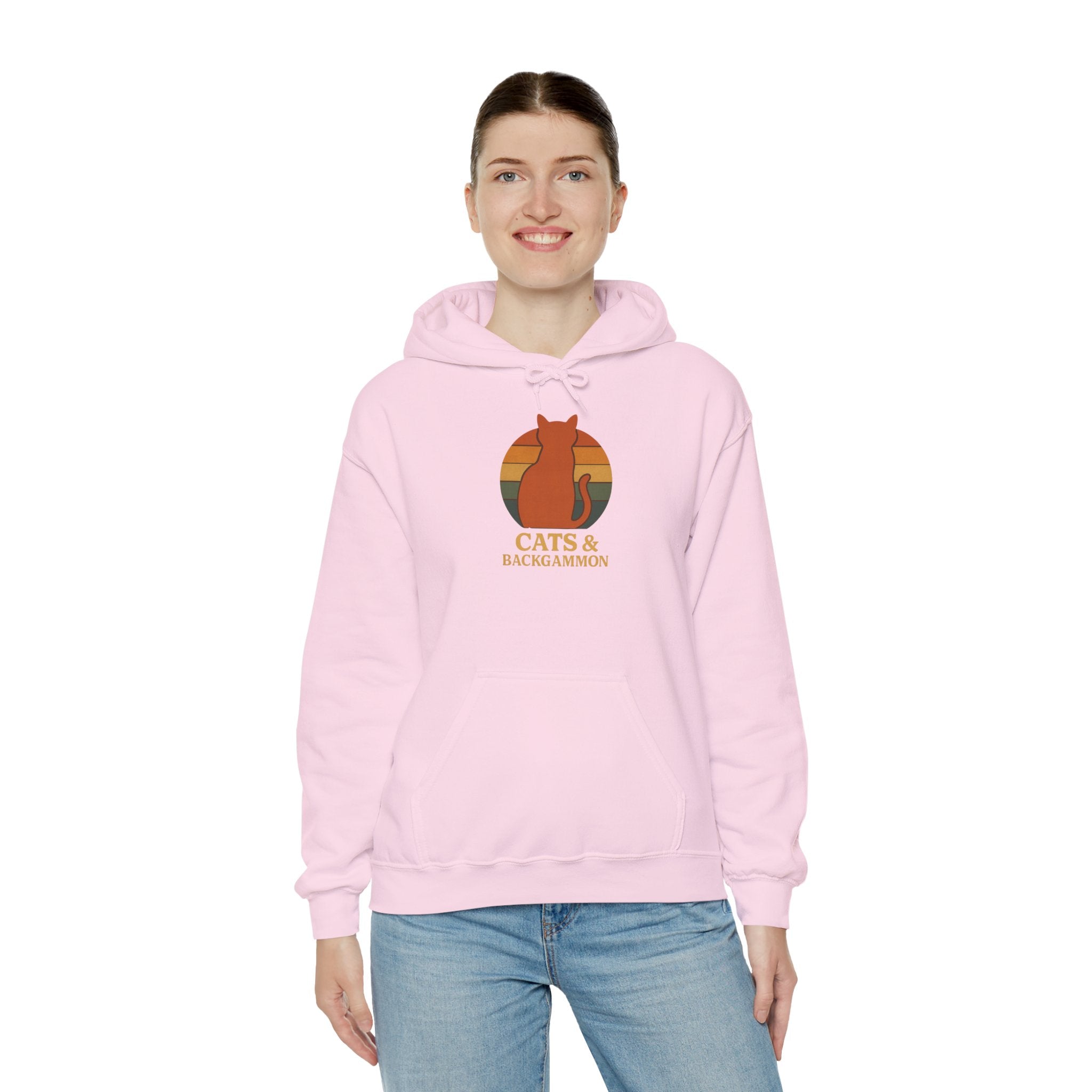 Cats & Backgammon Hoodie — Retro Sunset Cat Game Lover Pullover