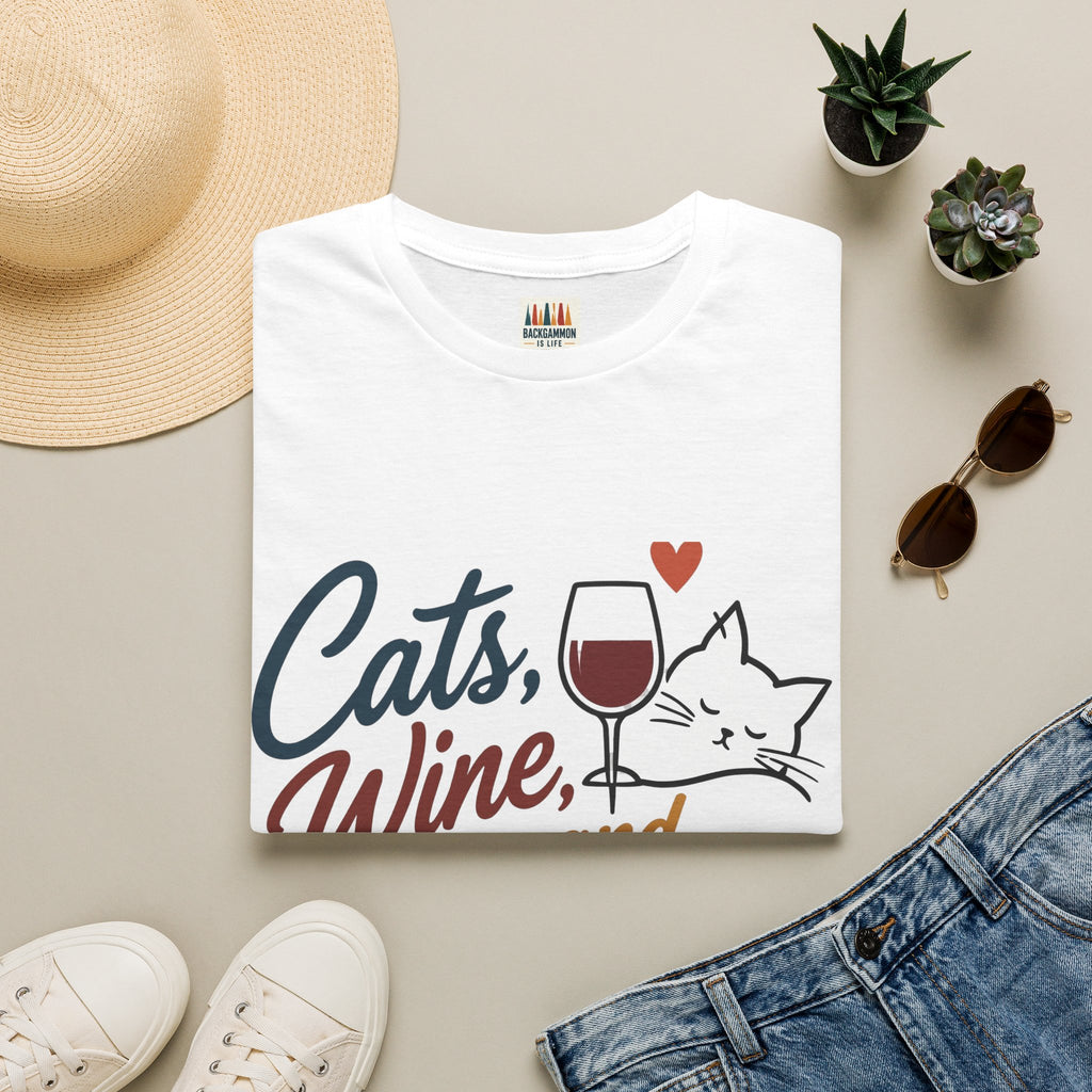 Cats, Wine & Backgammon T-Shirt — Funny Cat Lover Graphic Tee