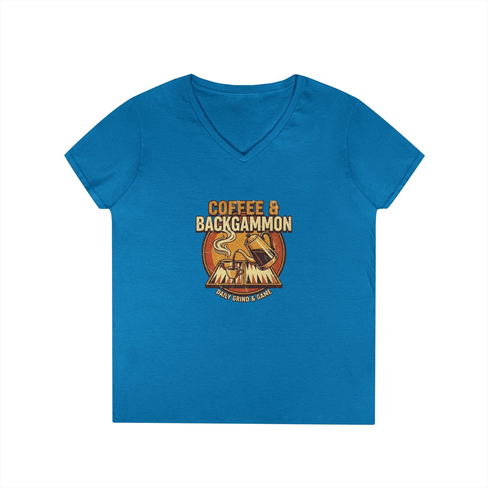 Coffee & Backgammon Ladies' V-Neck T-Shirt — Women's Casual Game Night Shirt