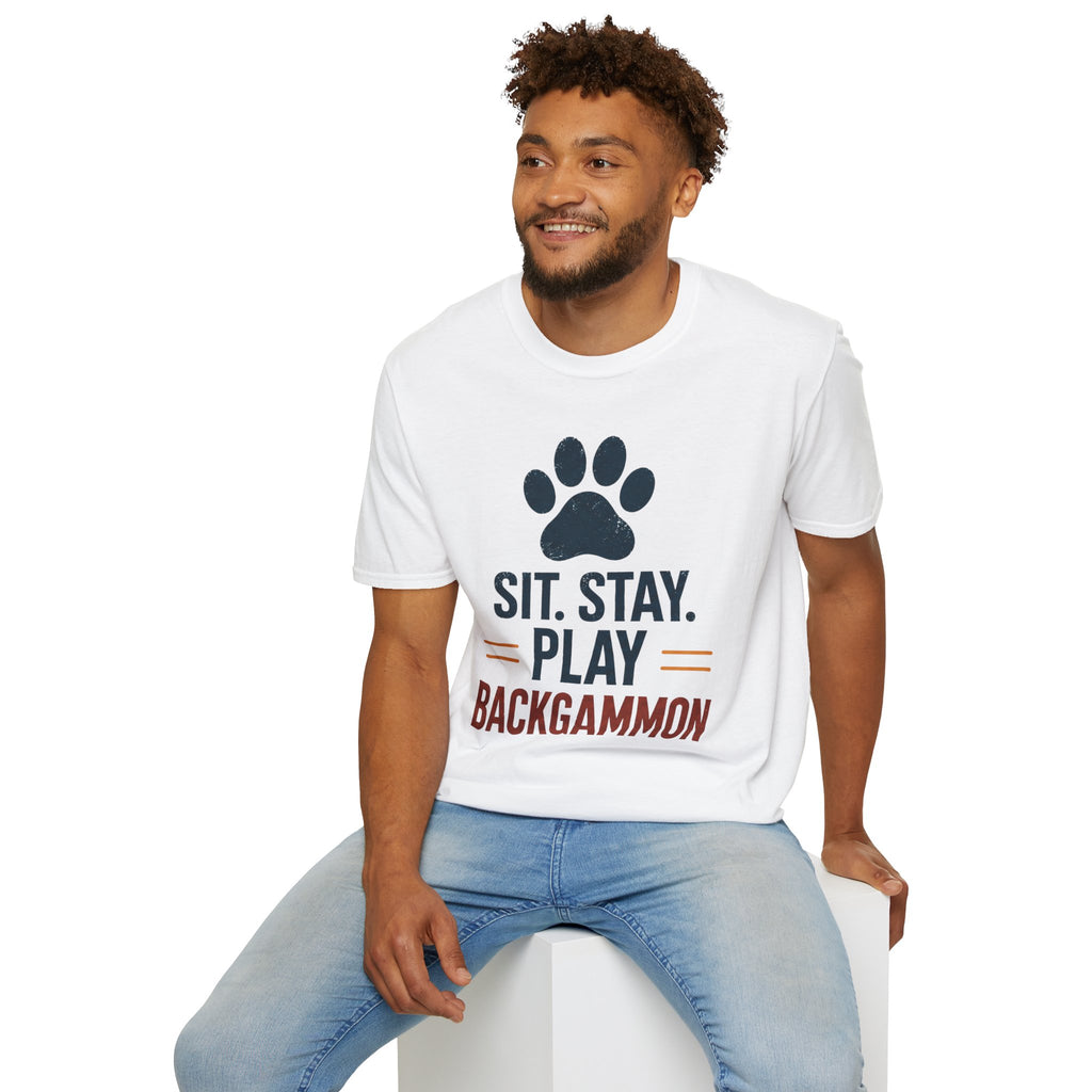 Backgammon T-Shirt — "Sit. Stay. Play Backgammon" Paw Print Tee