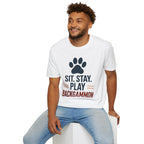 Backgammon T-Shirt — "Sit. Stay. Play Backgammon" Paw Print Tee